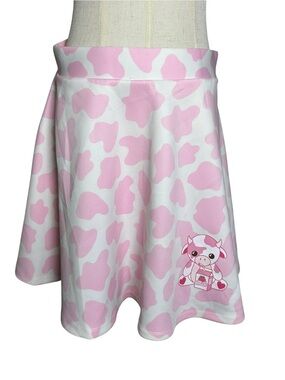 Hot Topic Pink Cow Print Circle Skater Skirt Sz Medium Stretch White Short Mini